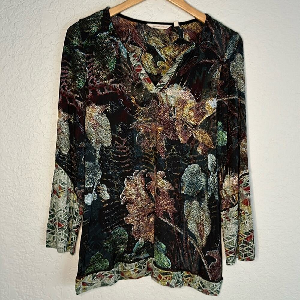 Soft Surroundings Black Floral V-Neck Long Sleeve Tunic Top